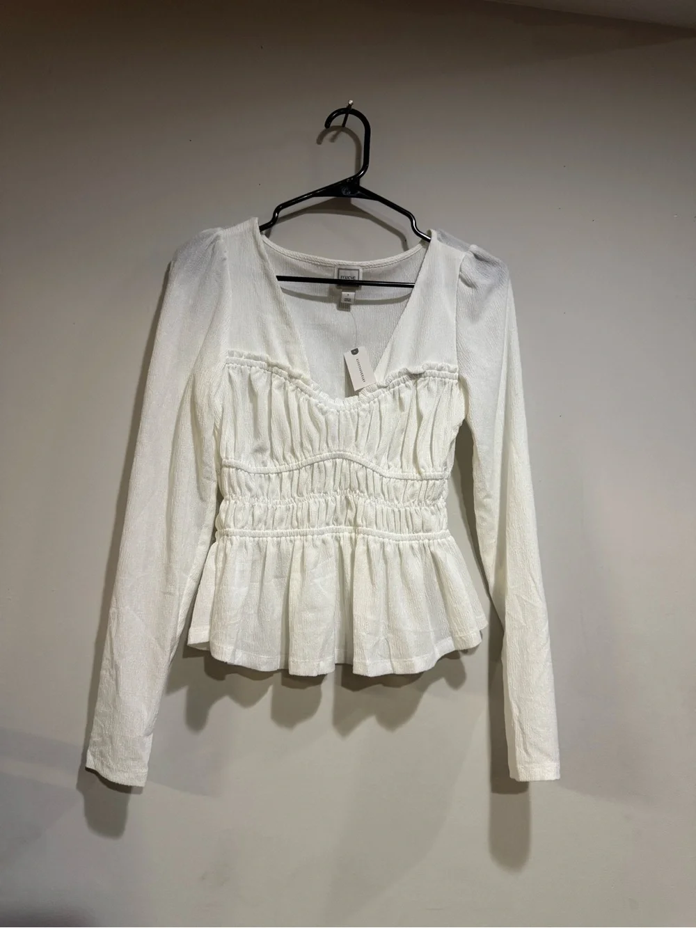 Anthropologie Cream Smocked Peplum Long-Sleeve Blouse